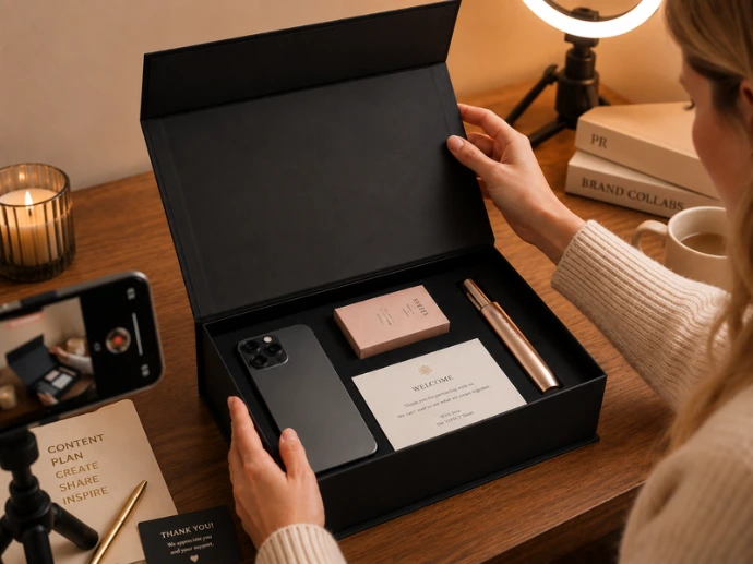 Custom rigid PR and influencer kit with fitted product insert